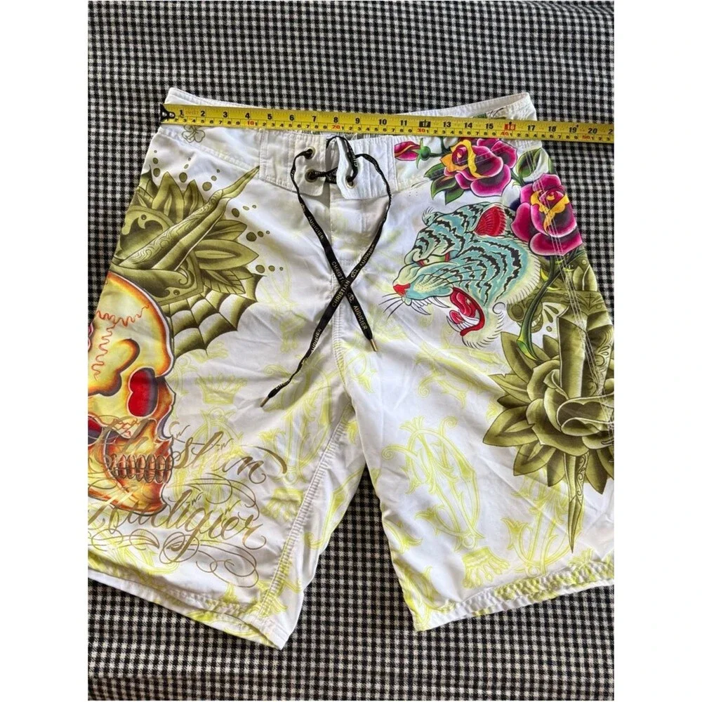 Christian Audigier Tattoo-Print Ed Hardy Board Shorts with Skull/Tiger Y2K! 💀